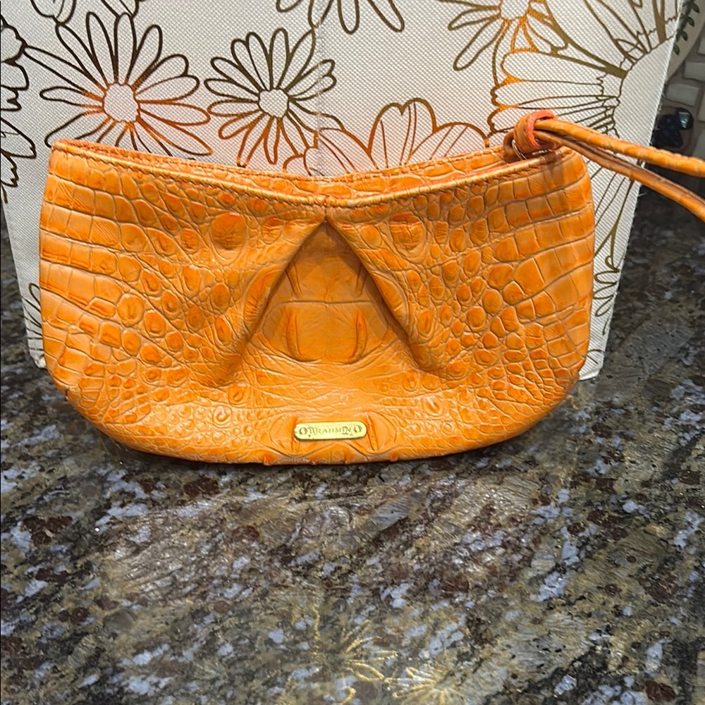 Brahmin Orange Embossed Leather Wristlet